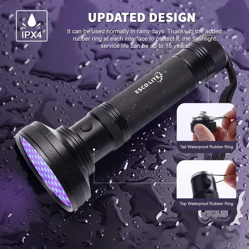 Miniatura 5 de ESCO LITE Linterna UV de luz negra, 100 luces LED negras para detección de orina de mascotas, linternas ultravioleta para orina de perro