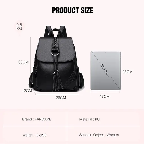 Miniatura 3 de FANDARE Mochila vintage para mujer con borla, mochila de cuero PU para mujer, Negro, Grande