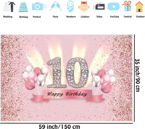 Miniatura 2 de Decoraciones de cumpleaños número 10 para niñas, cartel de fondo de feliz cumpleaños número 10, cartel de tela para fiesta de 10 años de edad