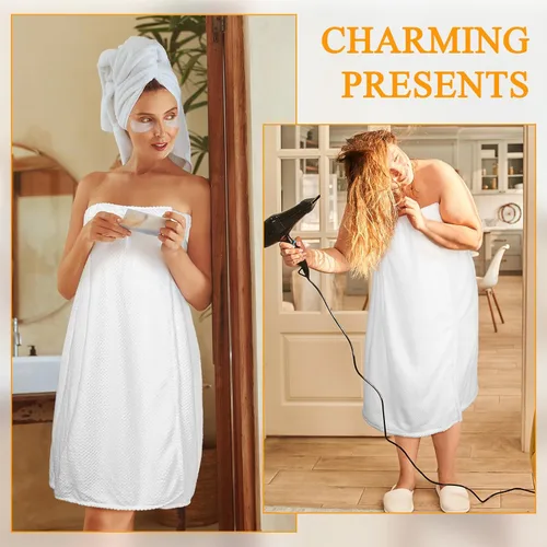 Miniatura 7 de Tigeen 2 Pcs Towel Wrap for Women Lightweight Spa Robe with Adjustable Closure Elastic Top Soft Bathrobe Spa Wrap