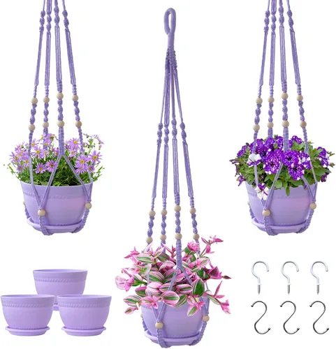 Colgador de macramé para plantas con maceta, juego de 3 macetas colgantes para plantas de interior, cuerda de algodón hecha a mano, decoración