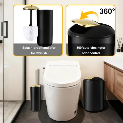 Miniatura 4 de BSSN Juego de 25 accesorios de baño negros y dorados con cortina de ducha y alfombras, basura, cepillo de inodoro, dispensador de jabón, soporte