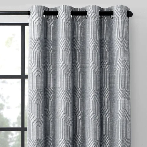 Miniatura 18 de Cortinas de patrón geométrico jacquard 100% opacas beige y plateado, 2 paneles de 52 pulgadas de ancho y 63 pulgadas de largo, con aislamiento