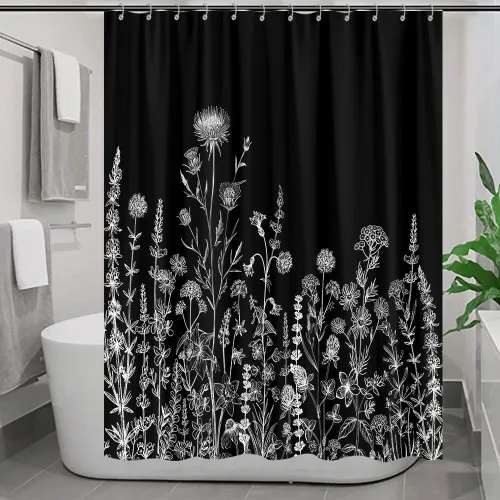 Miniatura 18 de Cortina de ducha de mariposa floral negra y dorada, cortina de ducha bohemia con diseño botánico de flores oscuras para baño con gancho, juego