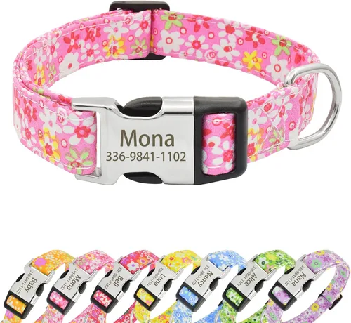 Collares de perro florales personalizados con nombre, collares suaves personalizados con hebilla grabada para perros pequeños, medianos y grandes (M