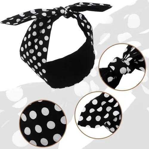 Miniatura 3 de Hicarer Diadema de lunares negros con lazo, bandana vintage con alambre, accesorios para el cabello retro de los años 50, diadema con alambre