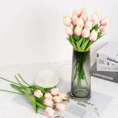 Miniatura 7 de IPOPU 24 piezas de tulipanes rosados artificiales, tulipos rosados claros artificiales, flores falsas para arreglos de flores de tulipán, decoración