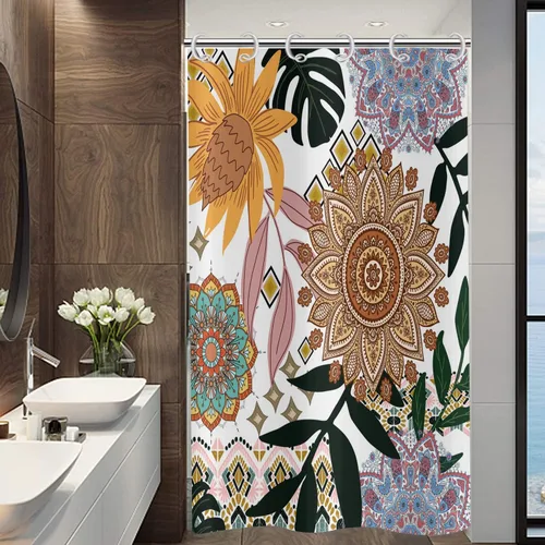Miniatura 25 de Cortina de ducha bohemia y chic, cortina de baño moderna con hojas tropicales abstractas y ramas botánicas doradas, para decoración del hogar, tela