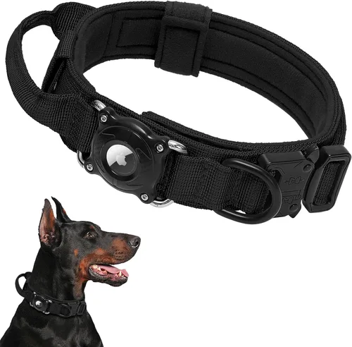 AirTag - Collar de perro para perros grandes, collar táctico con funda AirTag impermeable, mango militar y correa reflectante. Seguimiento seguro de