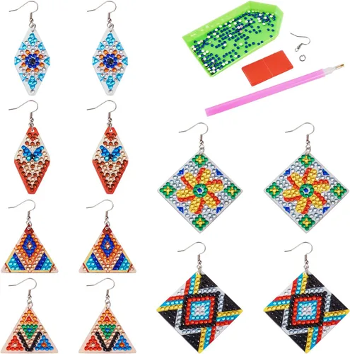 Spritewelry Juego de 6 pares de aretes de pintura de diamantes, juego de aretes de arte de diamante con mosaico de mano 5D, aretes bohemios vintage