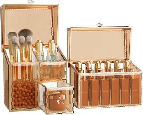 CoralHouse Juego de organizador de maquillaje para encimera, soporte de tocador con organizador de lápiz labial de 18 ranuras y soporte para brochas
