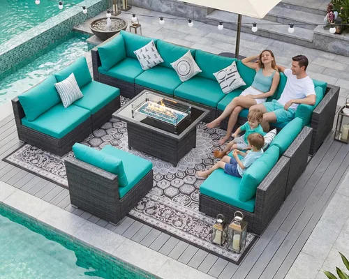 Miniatura 53 de BULEXYARD Juego de 7 piezas de sofá seccional para exteriores con respaldo alto, mesa para fogatas, juego de muebles de patio de mimbre resistente a