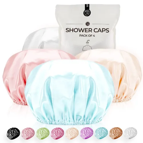 Miniatura 7 de Gorro de ducha para mujer, reutilizables, extra grandes, para hombres, de satén, de doble capa, EVA, impermeable, gorro de pelo largo