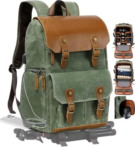 Miniatura 11 de Mochila para cámara Padwa Lifestyle - Bolsa de cámara de lona de memoria encerada resistente al clima para fotógrafos, Café