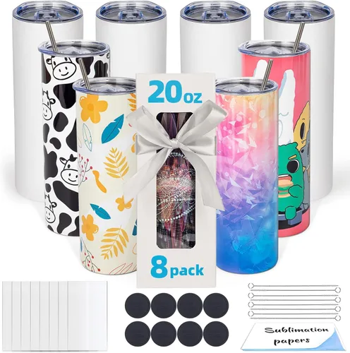 Paquete de 8 Vasos Térmicos de Sublimación de 20 onzas en Blanco Delgados y Rectos al Por Mayor, Vaso Térmico de Sublimación Aislado de Acero