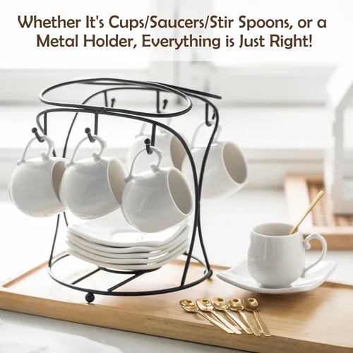Miniatura 4 de LYEOBOH Juego de tazas de café expreso con platillos, tazas de café de porcelana y soporte de metal y cucharas, tazas pequeñas Demitasse