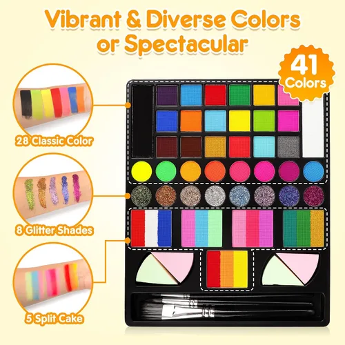 Miniatura 3 de Mocoosy Kit de pintura facial de 41 colores para niños, paleta de pintura facial no tóxica activada por agua con plantilla, pinceles, gema, kit