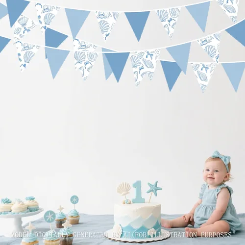 Miniatura 5 de Decoraciones náuticas costeras de 32 pies para fiestas de playa, lazo azul, estrellas de mar, conchas de mar, banderines de tela con banderines