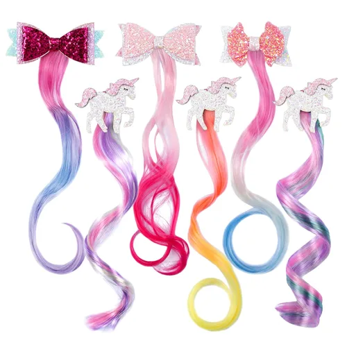 Miniatura 13 de Little World Pinzas para el cabello para niñas, 6 extensiones de cabello arcoíris, pinzas de pelo de unicornio para niñas y niños pequeños, colas