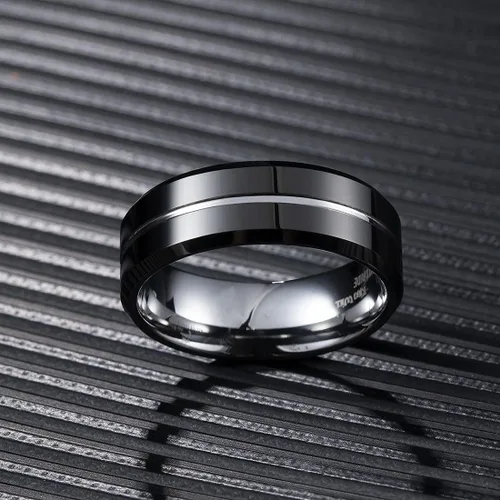 Miniatura 3 de King Will - Anillo de bodas clásico de carburo de tungsteno para hombre, en color negro, plata, oro, azul, marrón, rojo y púrpura, centro acanalado