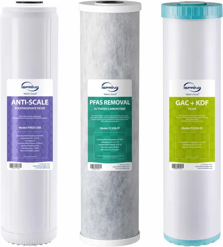 Miniatura 10 de iSpring F3WGB32BM Filtro de agua de 3 etapas, 4.5" x 20", paquete de repuesto con sedimento, bloque de carbono CTO y cartuchos reductores de hierro