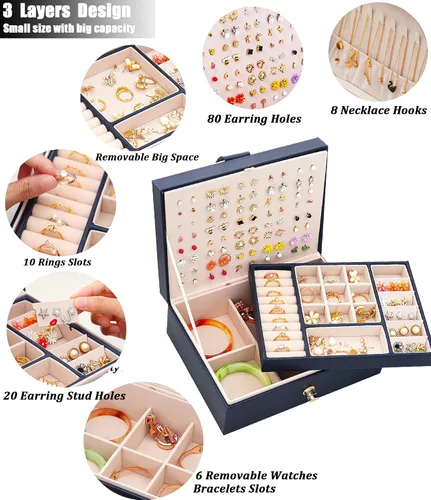 Miniatura 2 de QBestry Organizador de aretes de tuerca para mujeres y niñas caja de joyería para aretes collar organizador de joyas caja de aretes para mujer