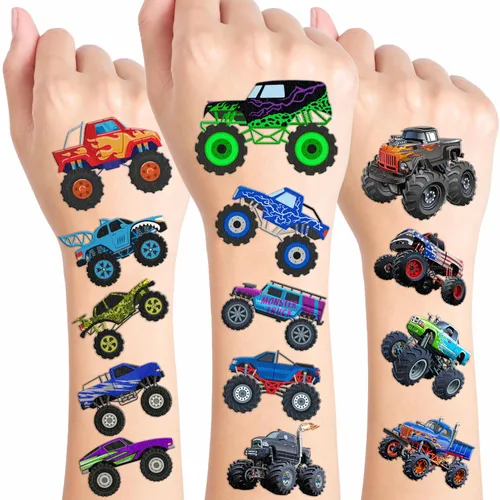 Miniatura 10 de 96 tatuajes temporales precortados de Monster Truck para niños, suministros para fiestas de cumpleaños, recuerdos y decoraciones súper lindos