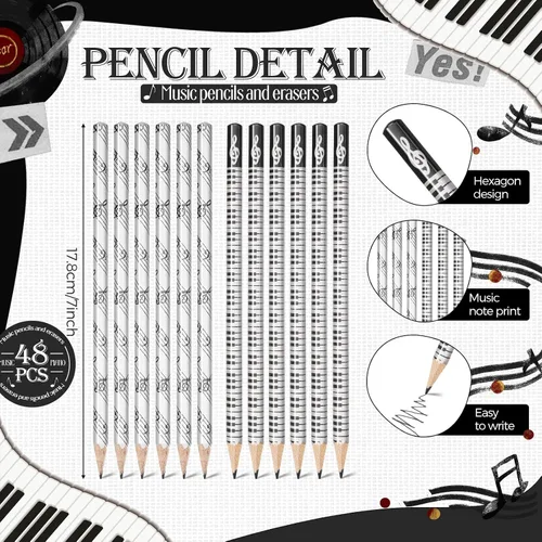 Miniatura 2 de 96 lápices de música, lápices de notas musicales y borradores, regalos de recital de piano, borradores de teclado de piano de madera, recuerdos