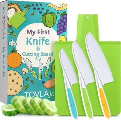 TOVLA JR. Juego de cuchillos de cocina Montessori y tabla de cortar para niños pequeños, herramientas seguras de tamaño infantil para cocina real, a