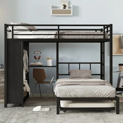 Miniatura 4 de Full Over Twin Bunk Bed with Trundle and Ladders, Metal Bunk Bed Frame with Built-in Foldable Desk & Wardrobe, Space-Saving Beds for Kids Teens
