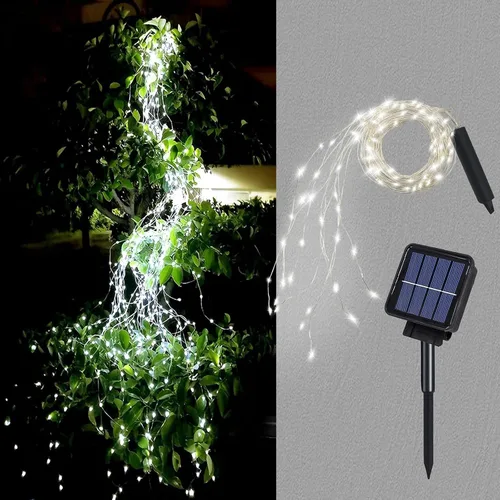 Miniatura 11 de Luces de cascada de hadas solares para exteriores, impermeables, 200 LED, 8 modos, luz de regadera (SIN REGADERA), luces de cadena alimentadas por