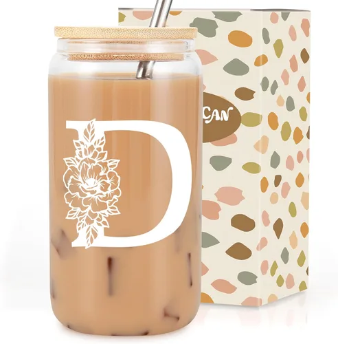 Miniatura 10 de Taza de Vidrio Inicial Coolife, Regalos Personalizados con Monograma para Mujeres, Tazas de Vidrio de 16 oz con Tapas y Popotes, Taza de Café