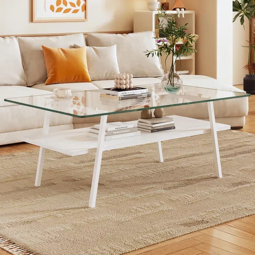 Miniatura 10 de Mesa de centro moderna rectangular con tapa de vidrio templado con estante de madera para el hogar, sala de estar, oficina, tienda o dormitorio