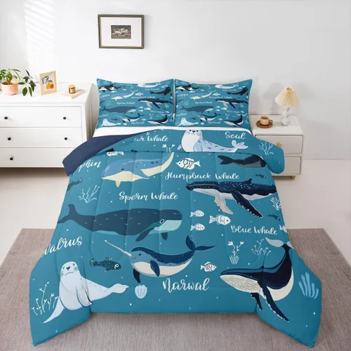 Miniatura 31 de Erosebridal Blue Ocean - Juego de edredón tamaño individual Juego de ropa de cama de ballena delfín y tortuga marina para niños y niñas, juego