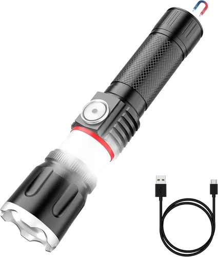 Miniatura 9 de Linterna recargable por USB, linternas magnéticas LED, linternas tácticas súper brillantes con luz lateral mazorca, impermeable, zoomable, 6 modos