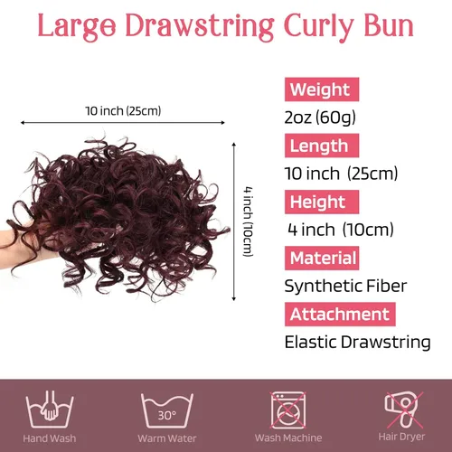 Miniatura 2 de HOOJIH - Moño rizado, pieza de cabello para moño desordenado con cordón elástico, extensión de moño grande y completo, extensión de cabello Rojo