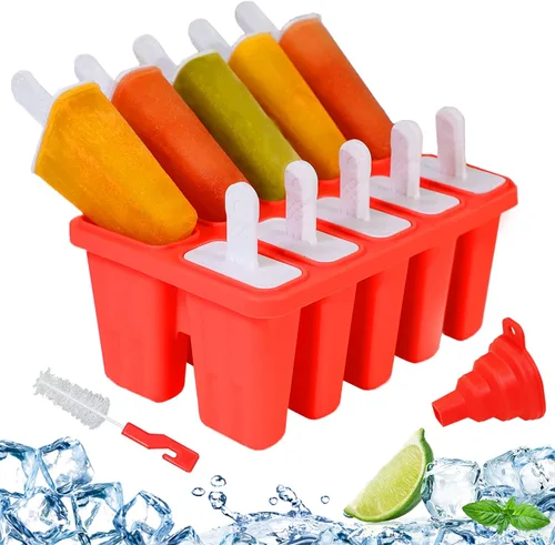 Moldes de silicona para paletas de 10 cavidades, molde de paletas de hielo para niños, adultos y adolescentes, moldes de helado sin BPA para Rojo-10