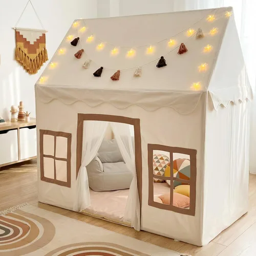 Miniatura 9 de Little Dove Tienda de campaña para niños con alfombra, luces de estrella, guirnalda de borlas, casa de juegos para niños con ventanas fáciles