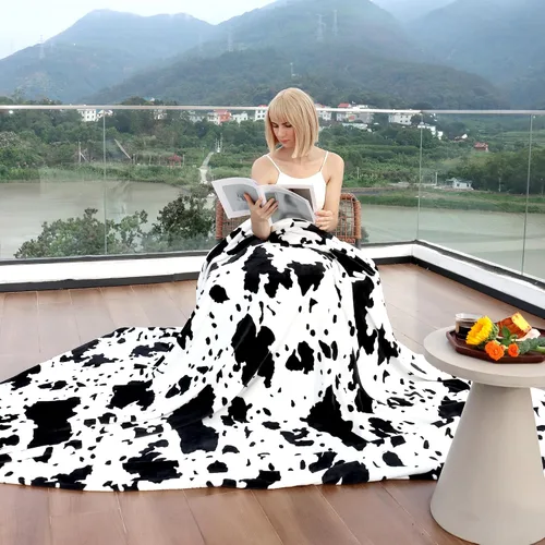 Miniatura 7 de Manta con estampado de vaca, suave, de forro polar negro y blanco, manta para sofá, cálida, acogedora, ligera, regalo con diseño de vaca para Manta