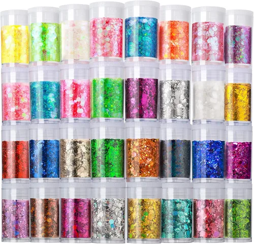 LEOBRO Brillantina gruesa holográfica, juego de 32 colores, purpurina artesanal para resina, vasos para manualidades, uñas, cuerpo, Navidad,