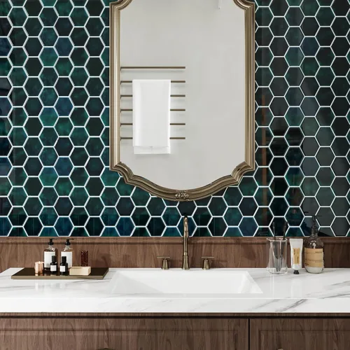 Miniatura 3 de CRE8TIVE 4 hojas de azulejos para despegar y pegar en muro para cocina, azulejos hexagonales de 12 x 12 pulgadas, color verde esmeralda