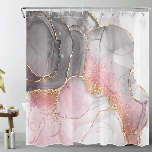 Miniatura 19 de LB Cortina de ducha abstracta de mármol, textura de mármol rosa y negro, cortina de ducha de arte moderno para baño, 60 x 72 pulgadas, tela