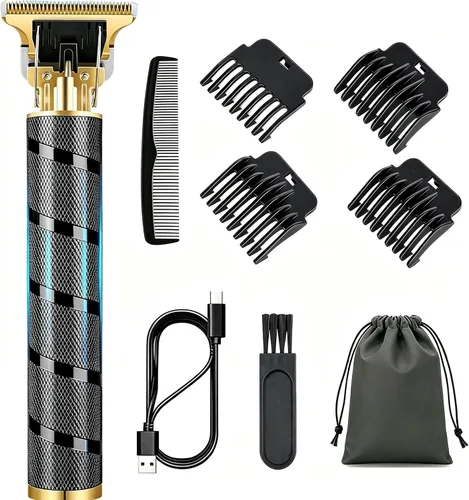 Cortadora de pelo inalámbrica, recortadora de barba para hombres, kit de aseo recargable con hoja en T con bolsa de maquillaje para el hogar y