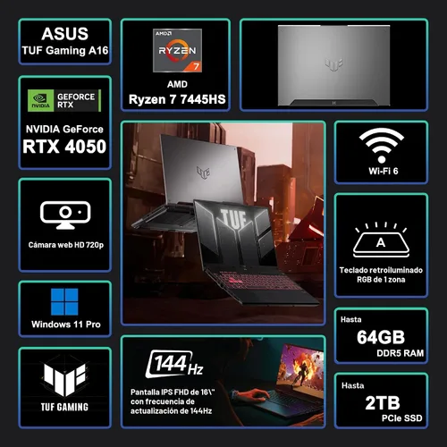 Miniatura 2 de ASUS TUF Gaming A16 Laptop de 16 pulgadas WUXGA IPS 144Hz AMD 6 núcleos Ryzen 7 7445HS 16GB RAM 1TB SSD GeForce RTX 4050 (hasta 194 AI Tops) RGB
