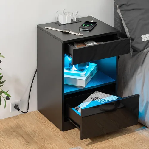 Miniatura 9 de HOMMPA Mesita de noche LED con estante abierto con estación de carga, 2 cajones, mesita de noche negra con almacenamiento, mesitas de noche