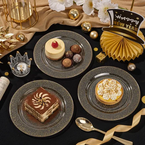 Miniatura 3 de Liacere 100 platos de plástico dorados, platos desechables de purpurina dorada para aperitivos, platos de ensalada/postre de plástico de alta