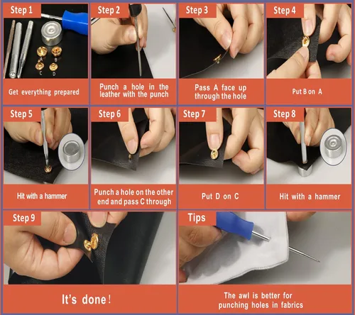 Miniatura 5 de Juego de 120 cierres de cuero negro de 0.492 in, broches de metal resistentes con herramienta de instalación para cuero, ropa, jeans, bolsas