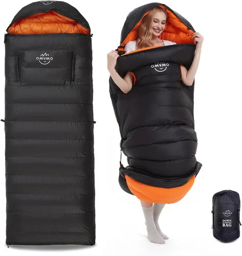 Saco de dormir de plumón de 0 a 20 grados F para adultos, sobre de 4 estaciones con agujeros para los brazos, portátil para mochileros y