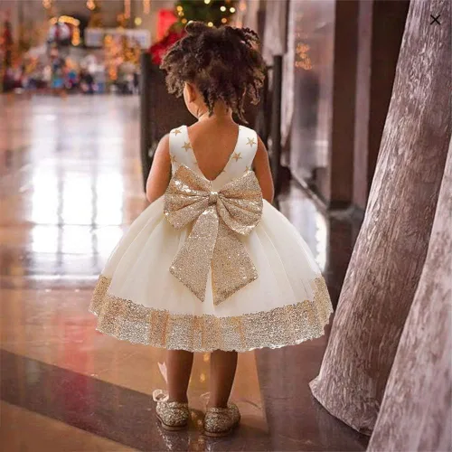 Miniatura 2 de Vestido de bebé de 12M-6Y con lentejuelas, lazo, flores, encaje, boda, concurso, tutú, vestido con gorro