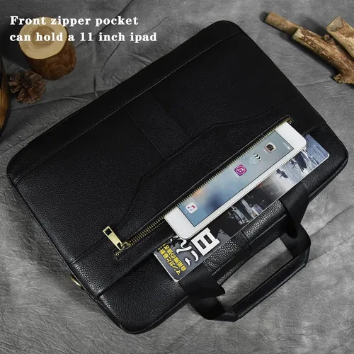 Miniatura 4 de Maletín de cuero genuino para hombres, bolso de hombro para computadora portátil con correa, bolso de trabajo de viaje de negocios de 15.6 pulgadas